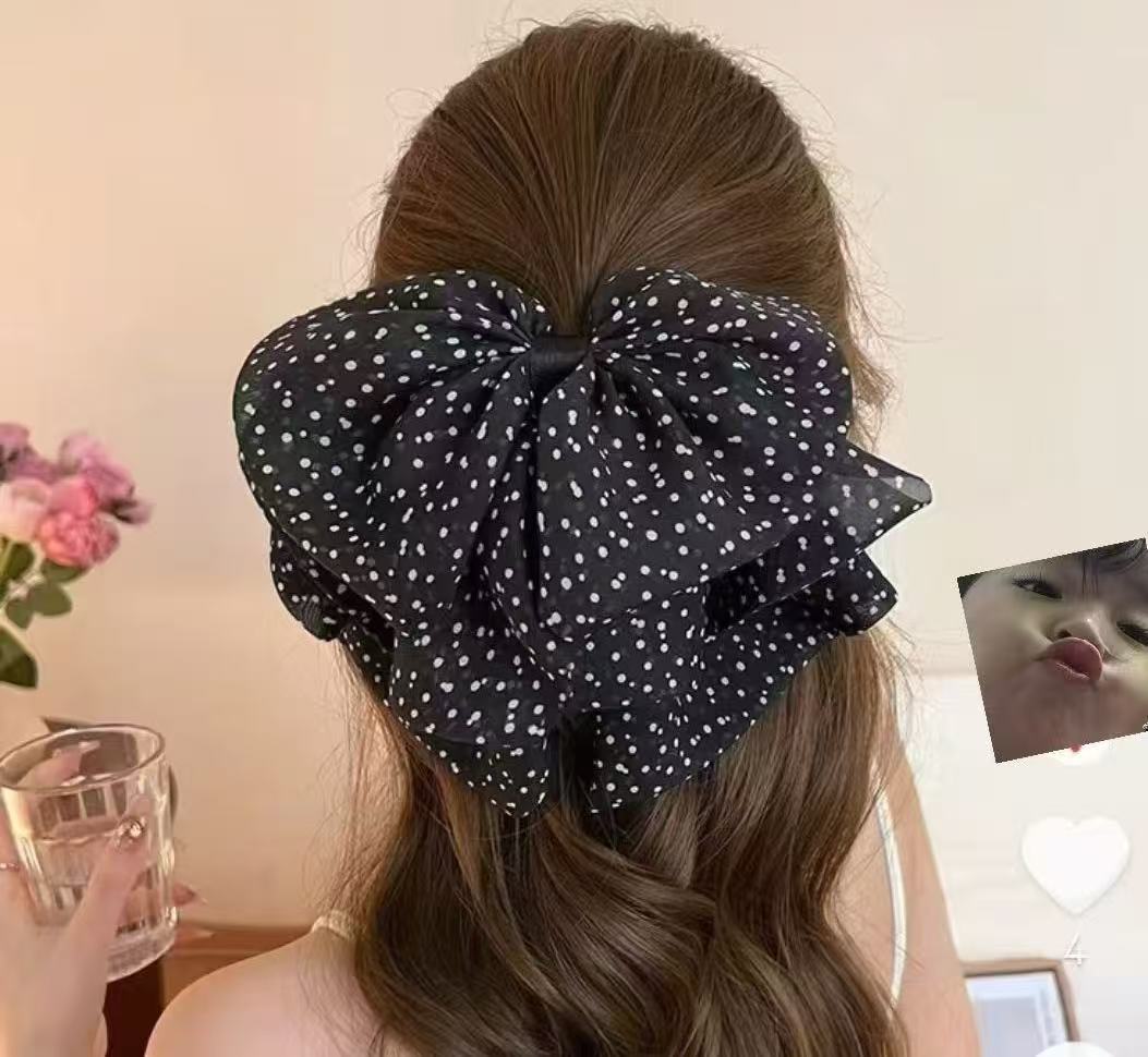 Travel Accessories Aesthetic - 2026年新作 ブラックポルカドット 大きなリボン シャーククリップ レディース エレガントシフォンヘアクロウクリップ