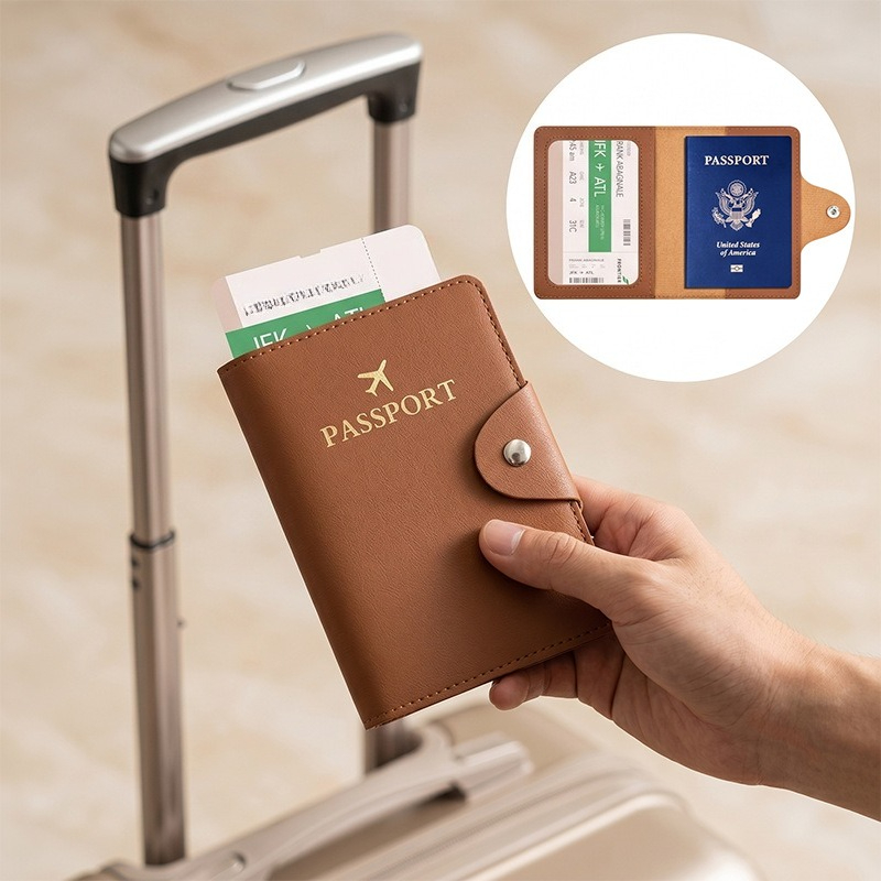 Travel Accessories Wallet - ファッション性の高いビジネス用PUレザー製パスポートケース。多機能で、IDカードや銀行カードを収納できる財布としても使える。女性・男性向けの旅行用アクセサリー。